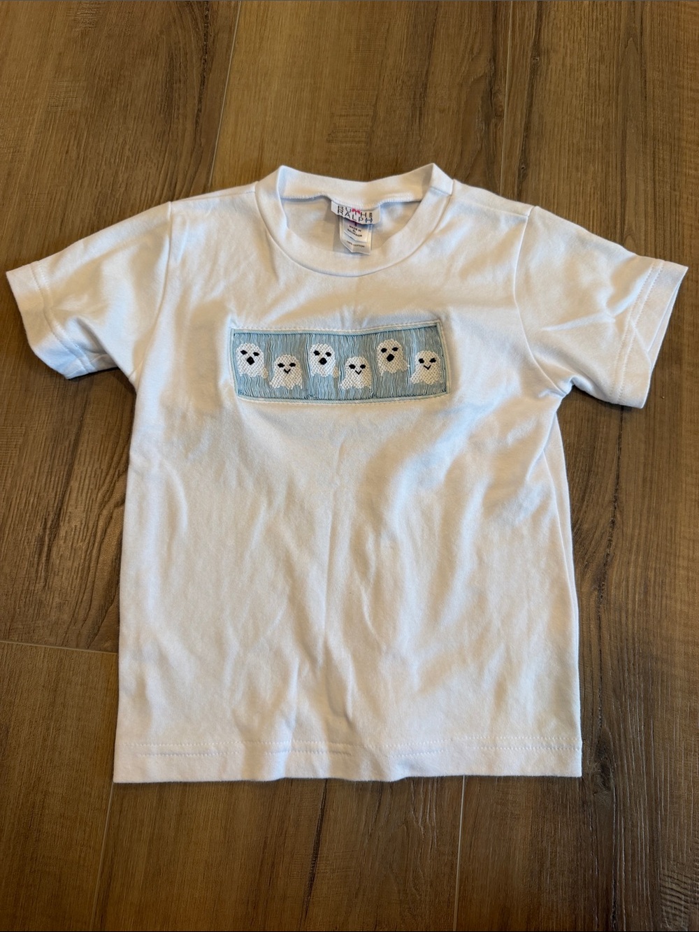 White Kids T-Shirt with Blue ghost Smocked Panel size 5